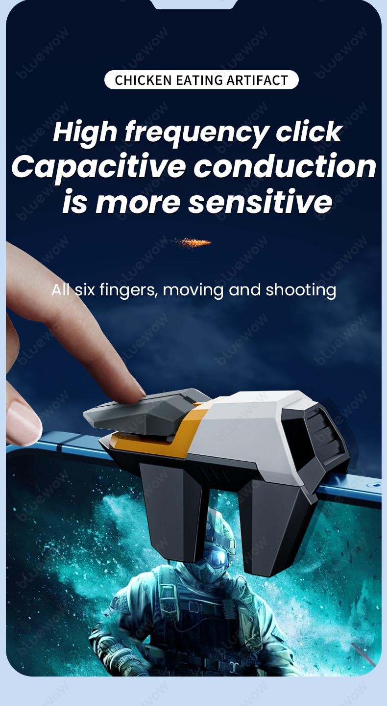 BlueWow Mobile Game Trigger 6 Fingers for iPhone & Android Enhanced Grip Stability Anti-slip Silicone Alloy Button Clip Fits 6mm to 15mm Thick Phones CODM Freefire Gaming Console