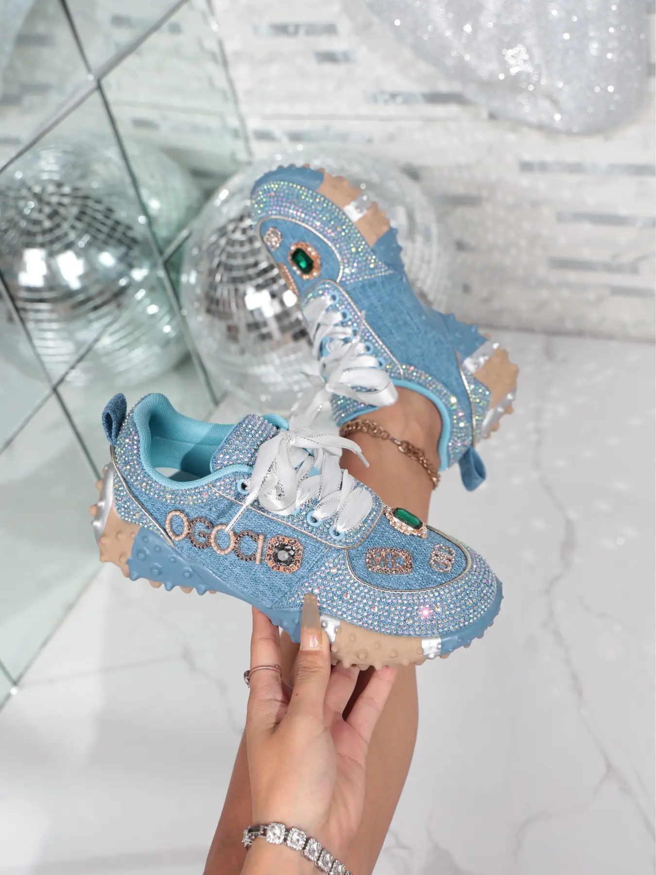 Ladies Light Denim Blue Rhinestone Heart Gem Chunky Dad Sneakers 3cm Spiked Lug Sole Denim Lace Up Retro Summer Party Street Glitter Casual Shoes Streetwear Footwear