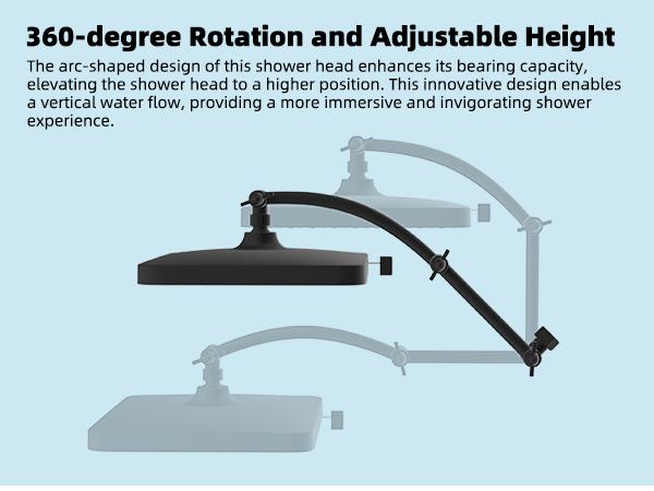 Hibbent Rain Shower Head, 13'' High Pressure Rainfall 5 Spray Mode Showerhead with 16" Shower Head Extension Arm, Solid Brass Adjustable Shower Arm Extender, Waterfall fixed Showerheads, Matte Black