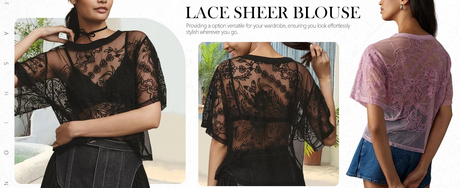 Yimoon Womens Lace Mesh Top Short Sleeve Floral Embroidered Sheer Blouse Sexy See Through Lace Layering Shirts
