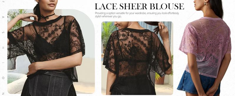 Yimoon Womens Lace Mesh Top Short Sleeve Floral Embroidered Sheer Blouse Sexy See Through Lace Layering Shirts Yimoon Womens Lace Mesh Top Short Sleeve Floral Embroidered Sheer Blouse Sexy See Through Lace Layering Shirts