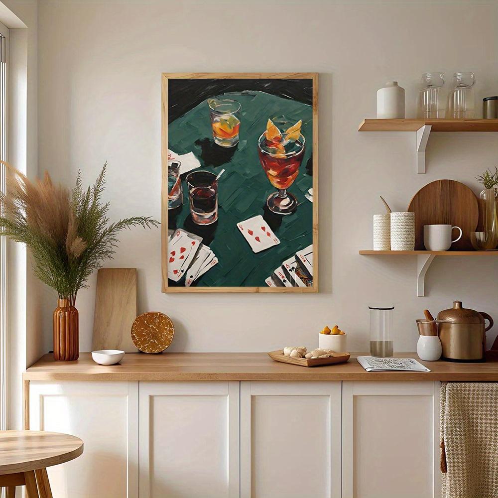 1pc Frameless Poker Wall Art Decor - Modern Classic Art Deco Canvas Print, Vibrant Whiskey & Cocktail Glasses with Playing Cards Design, Vertical Home Decor for Living Room, Bedroom, Office, Dorm - Spring Summer Aesthetic Gift