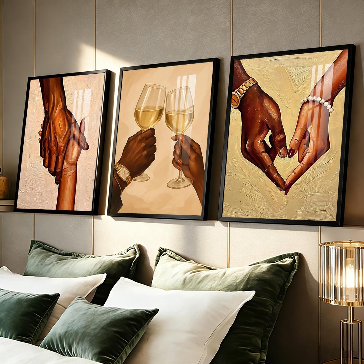 3 Counts Aluminum Alloy Framed Painting, Romantic Couple Hands And Wine Glass Canvas Art, Home Decoration For Living Room, Bedroom, Office, Restaurant, Hallway Wall Decor, Odorless Print Artwork, Luxury Perfect Gift For Friends And Family