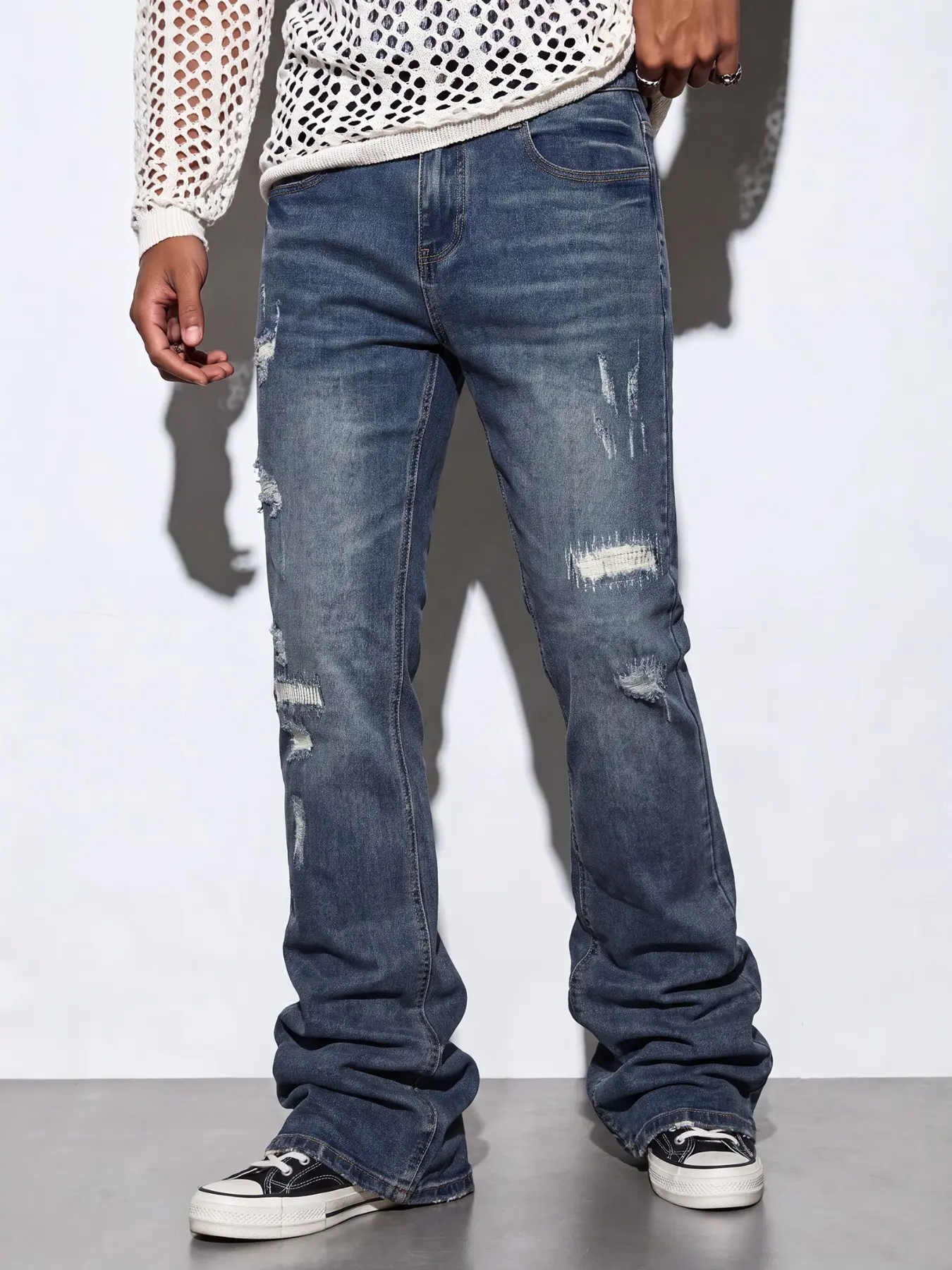 Men's Washed Ripped Micro Flare Jeans, Asymmetrical Rips, Y2K American Streetwear Style, Casual Slim-Fit Denim Jeans for All Seasons Hole