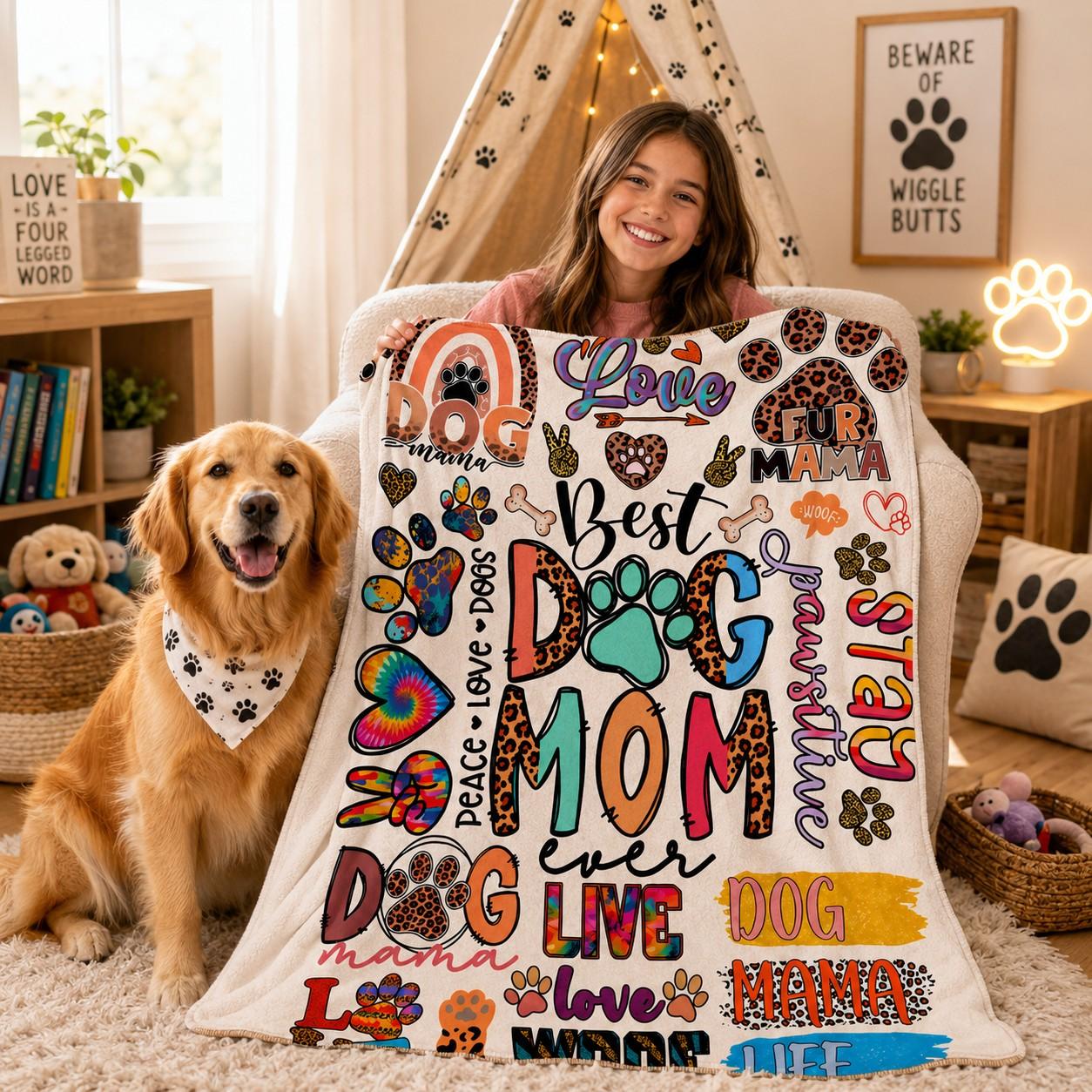 Dog Mom Flannel Blanket with Colorful Paw Prints, Soft Cozy Warm Fleece Throw, Graphic Throw Blanket, Cute Pet Lover Gift for Dog Moms and Animal Lovers, Soft Blankets