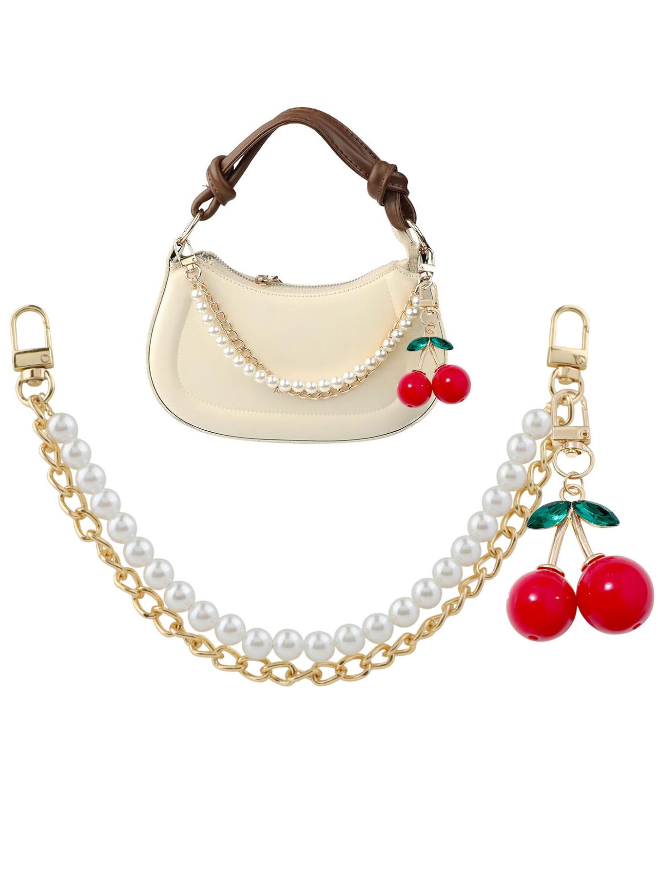 Faux Pearl Purse Chain Bag Charms with Cherry Keychain,Pearl Bag Chain Purse Charms for Handbags Pearl Purse Bag Chain Extender Gold Metal Purse Straps Extender Short Handle Replacement Handbag Strap Bag Purse Accessories Belt Chain Cherry Pendant Keyring