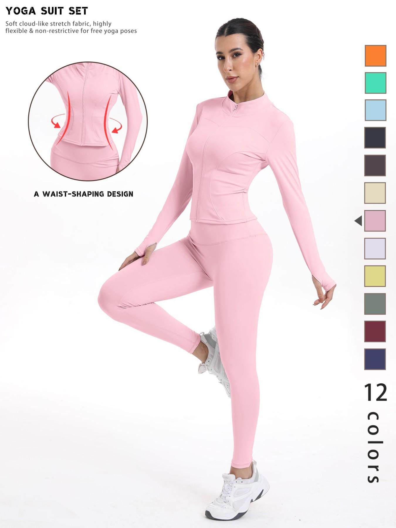 Women's Sporty Quick-Dry Two-Piece Set, New Fashion Slim Fit Yoga Pants, High Elasticity Long Sleeve Top, 12 Colors Available