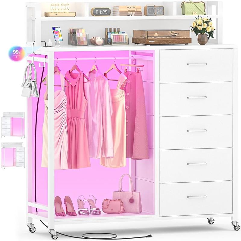 Unikito 5-in-1 Smart Storage cabinet + shelf/ LED Lights & USB Charging! Closet Organizer + 5 Fabric Drawers + Lockable Wheels Perfect for Bedroom/Entryway