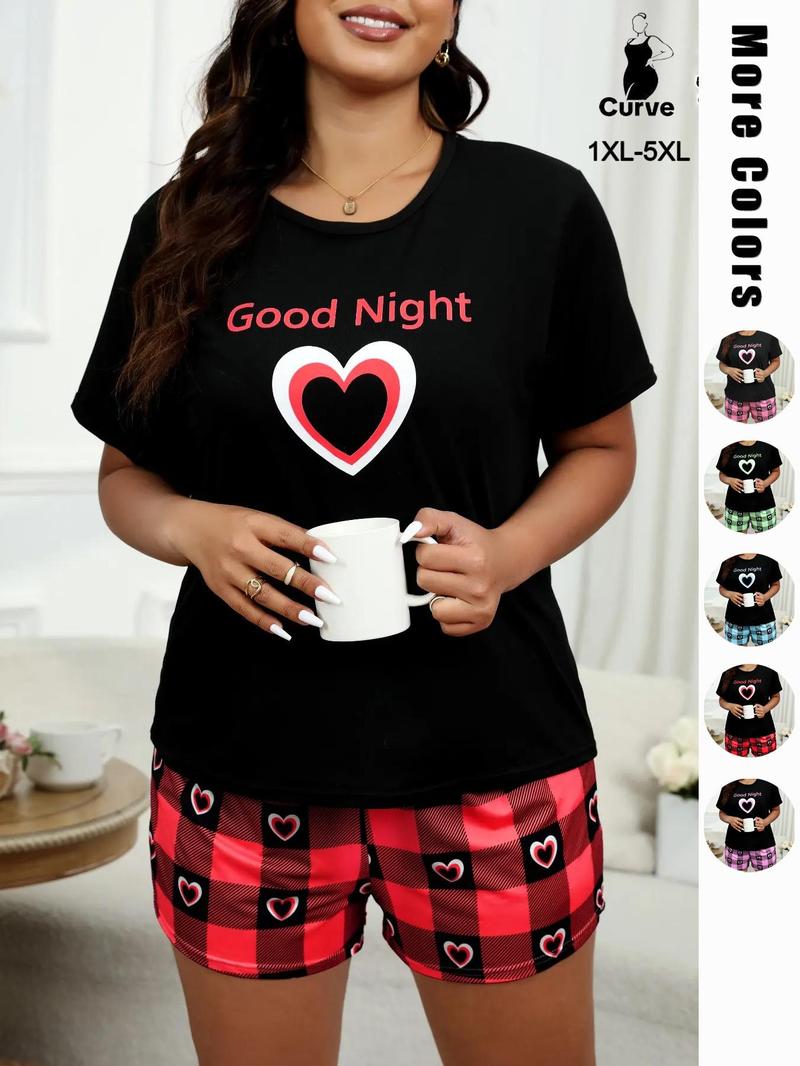 Plus Size Heart & Plaid Print Pajama Set, Casual Round Neck Short Sleeve T-shirt & Shorts Pj Set, Summer Sleepwear & Loungewear, Summer Outfits 2024, Women's Nightwear
