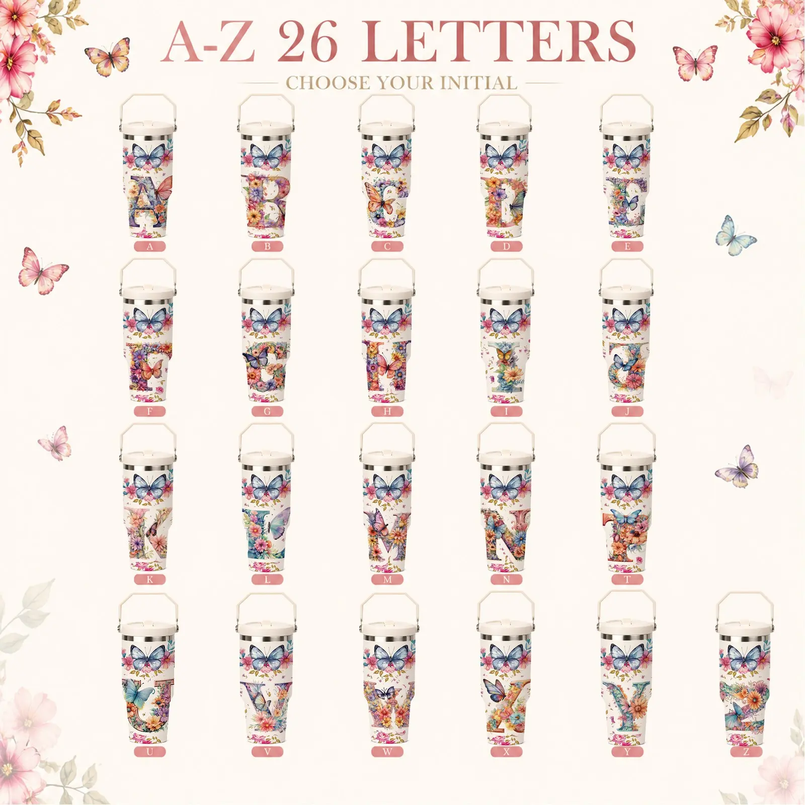 30oz Butterfly Tumbler with Handle, Floral Alphabet A-Z Letter Print Cup, Vintage Butterfly Flower Insulated Travel Mug, Botanical Monogram Design Stainless Steel Water Bottle, Cottagecore Aesthetic Drinkware, Personalized Letter Style Cup, Spring Summer