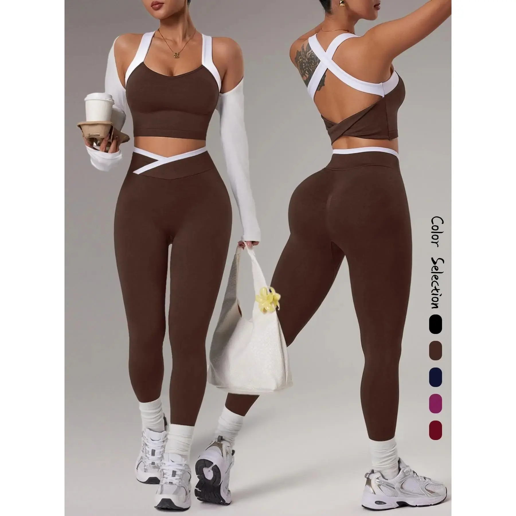 Women's Two-Piece Color-Block Activewear Set – Stretchy, Seamless Yoga & Fitness Gear – Suitable for Indoor & Outdoor Workouts, Running, Hiking, Walking, and Pilates (All-Season / Model 2026)