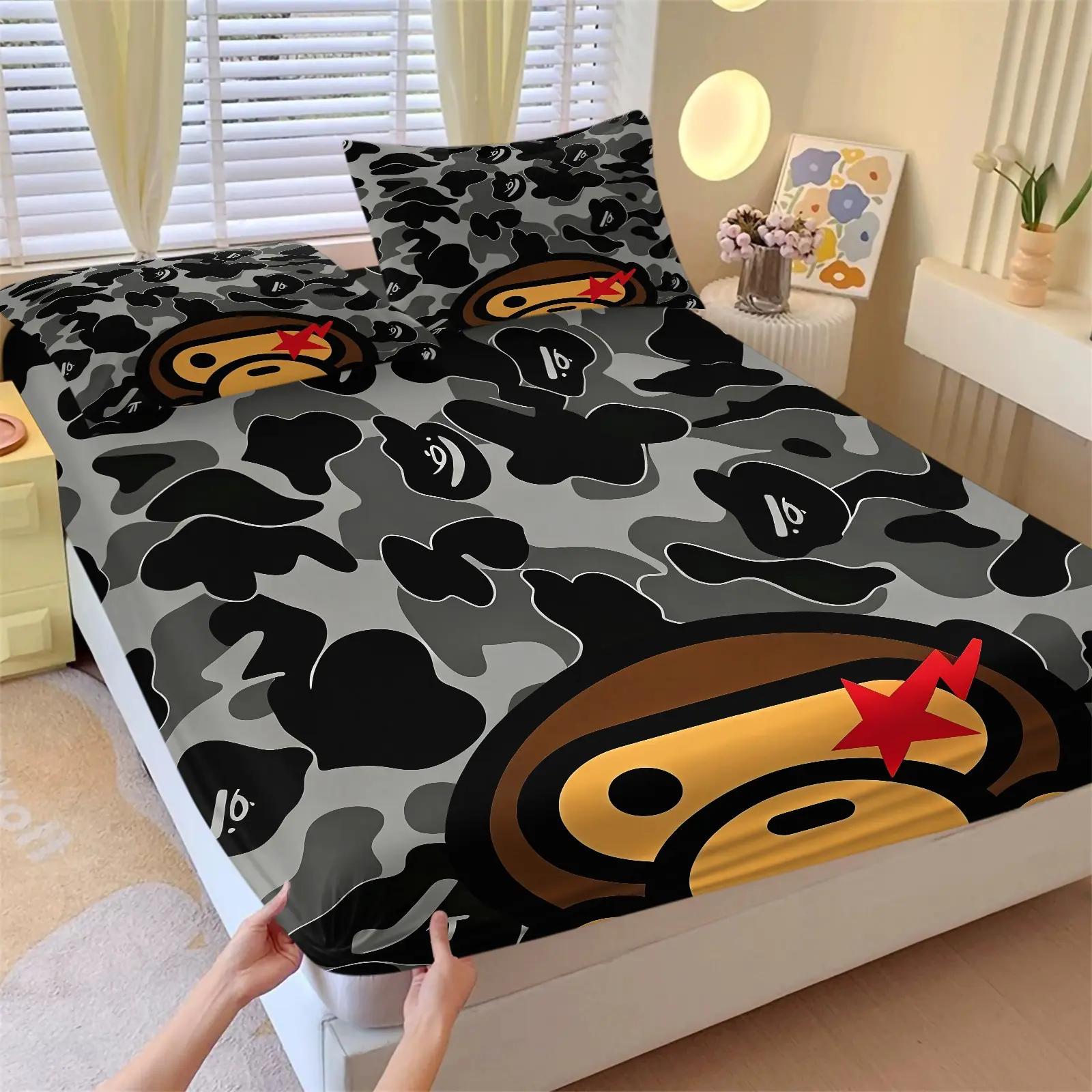Cool Grey Camo Cartoon Ape Fitted Sheet Set (1 Fitted Sheet + 2 Pillowcases), Urban Street Monkey Design, Skin-Friendly Breathable Fabric, Snug Deep Pocket Fit, Teen Boys Bedroom Decor, Camo Bedding Gift