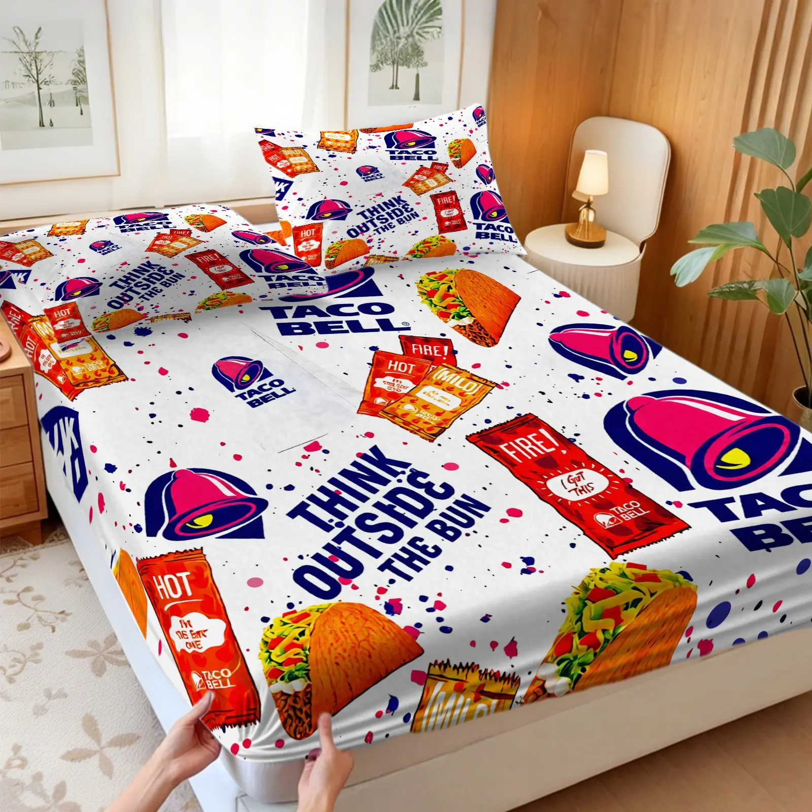 3Pcs Taco Bell Print Fitted Sheet Set, Playful Fast Food Bed Sheet Set, This Bold home Bedding Set with No Fillers Builds Fun Energetic Casual Vibe for Taco Bell Fans & Fast Food Lovers, Perfect for Bedroom, Dorm & Teen Room Decor