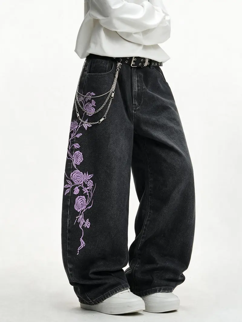 Men's Rose Embroidered Wide Leg Jeans, Vintage Washed Loose Fit Streetwear, Trendy Hip-Hop Long Pants, All Seasons Fashion