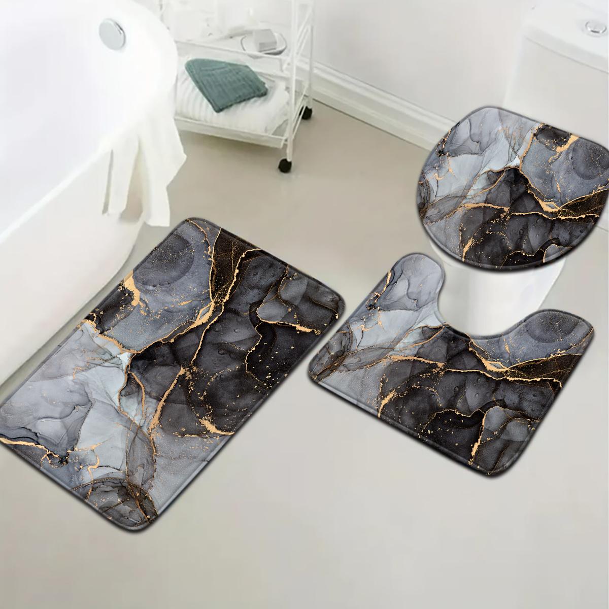 3-Piece Modern Art Black Gray Gold Marble Bath Mat Set, Flannel Non-Slip Absorbent Rug, Toilet Lid Cover & U-Shape Pad
