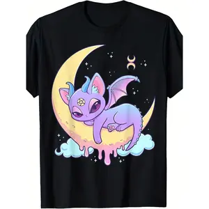180gMen's & Women's Pastel Goth Wiccan T-Shirt - Creepy Cute Witchy Cat Demon Menhera Graphic - 220gsm Pure Cotton Retro Gothic Tee for Goth Subculture, Witchcraft Apparel