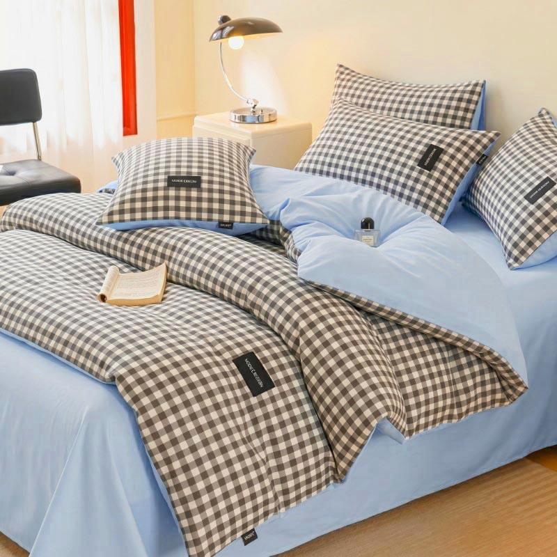 Colorful Cationic Fabric Plaid Four-Piece Set, Includes Duvet Cover, Bed Skirt, Pillowcases, Comfortable and Stylish Bedroom Essentials