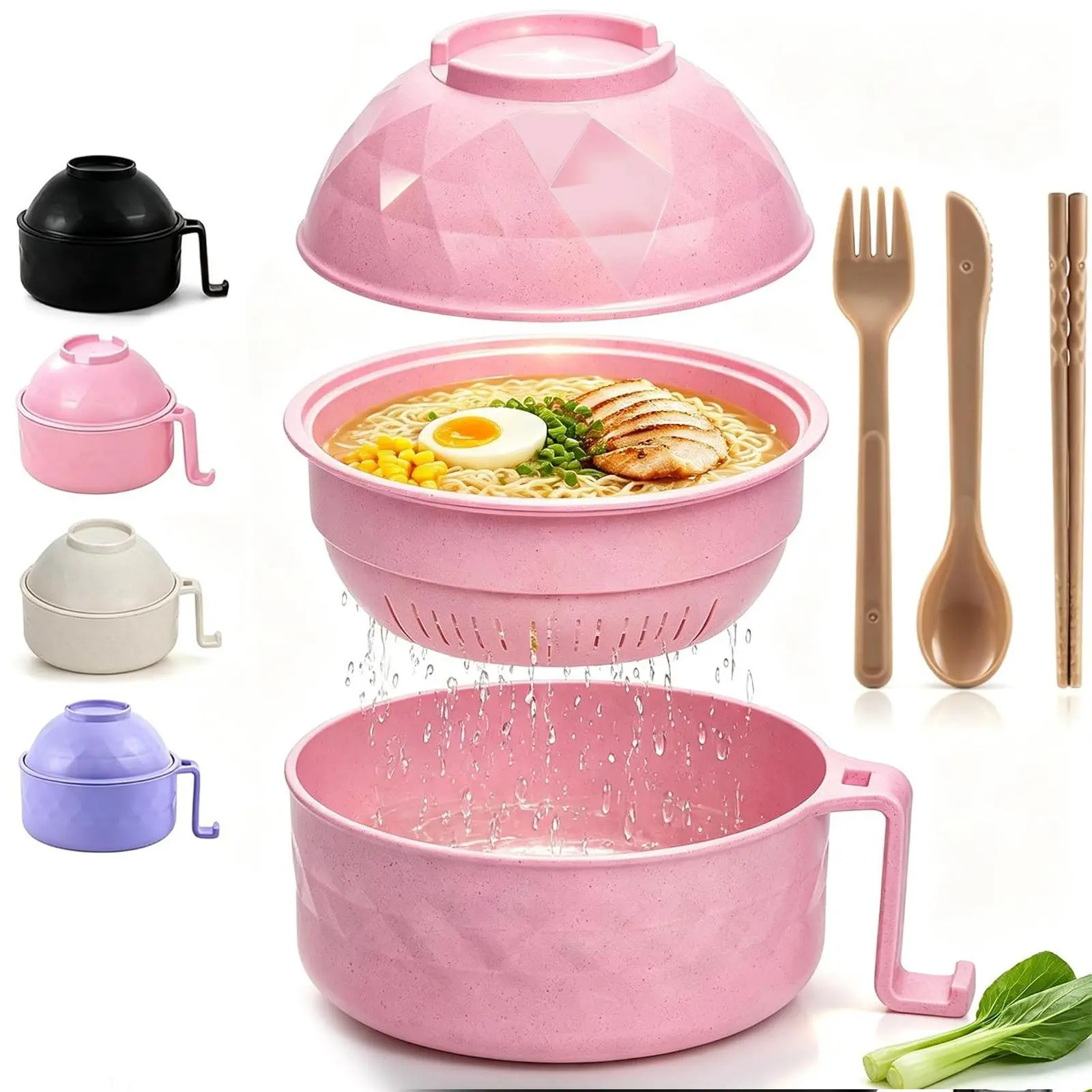 43oz Stacking Ramen Bowl Set with Cutlery - Wheat Straw, Eco-Friendly, Sturdy, Ergonomic Colorful Kitchenware - Microwave-Safe, Versatile for Home,Camping - Includes Chopsticks,Bamboo Cover,Fork,Noodle Spoon