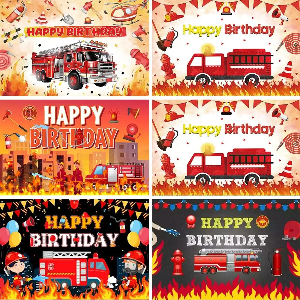 Firefighter Firetruck Theme BackgroundRed Fire Truck Children Boy Birthday Party Decor Baby Shower Photography Backdrop Props