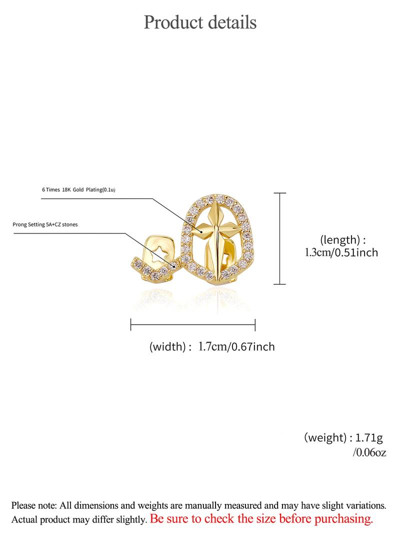 CRUSH CR 1pc 18K Gold Plated Copper Cross Star Grillz with CZ Stones, Silver & Gold Finish – Elegant Hip-Hop Tooth Jewelry Tooth Gems for Female, Black Women, Girls, Men & Boys. Perfect for Parties, Halloween, Cosplay & Gifts! Trendy Bling Accessory