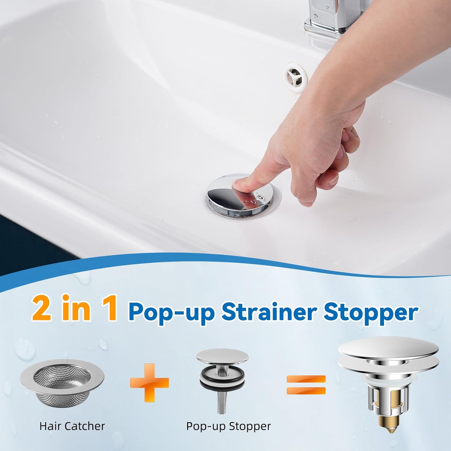Bathroom Sink Stopper, Metal Pop Up Sink Drain Strainer with Detachable Hair Catcher, Fits 1.1"-2.36"  Basin, Wash Basin Drain Plug with Big/Small Cover Cap, Brass Bounce Core, Chrome