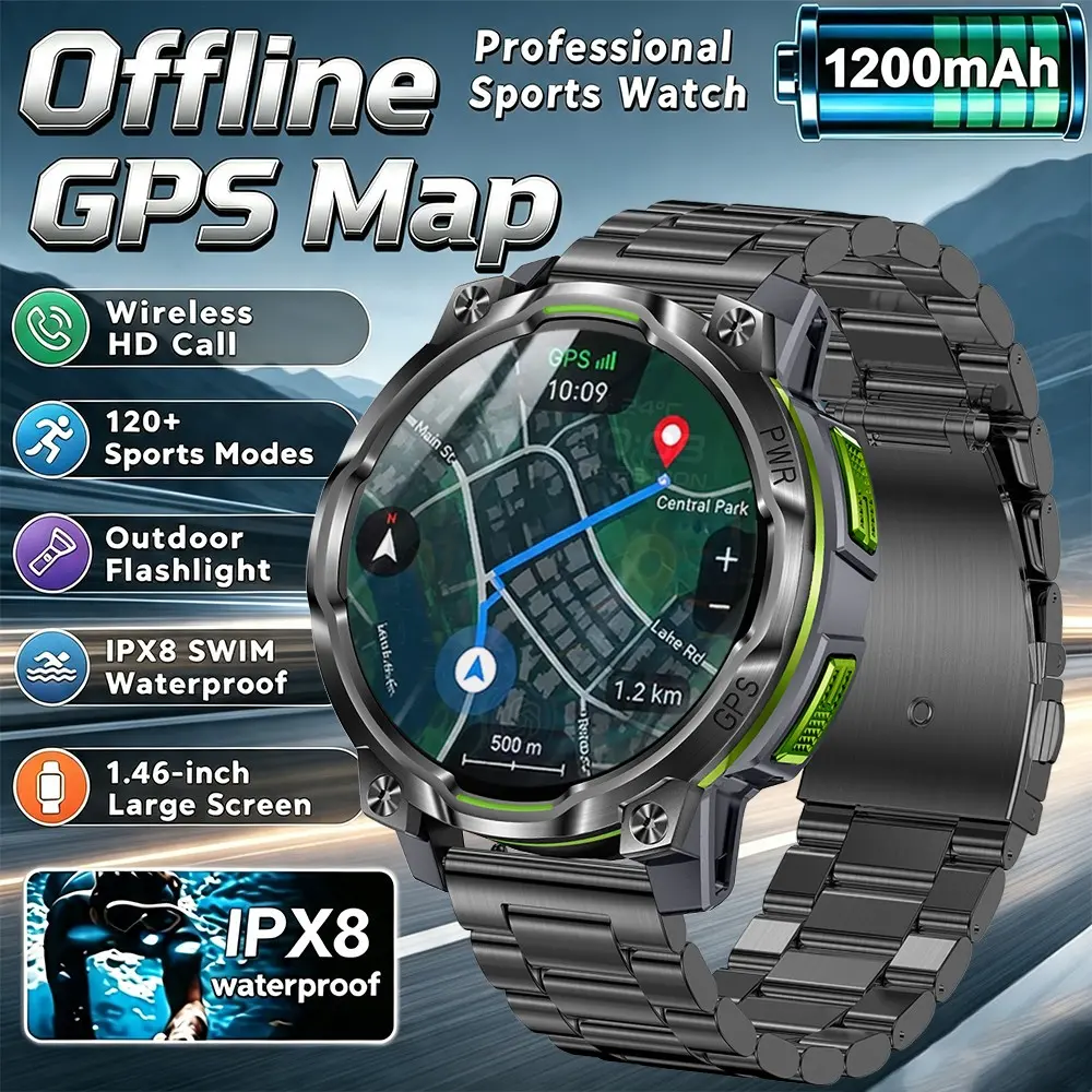 New GPS Offline Map Smartwatch, Durable, Ai Voice Assistant, Bluetooth-compatible, Ipx-8, Supports iPhone/android, Men's Sports Tracker