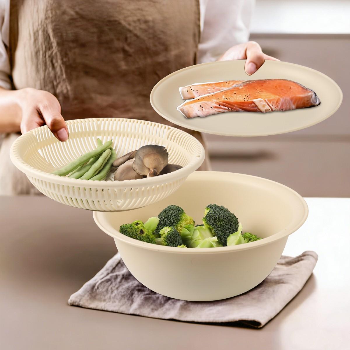 3-Layer Multi-functional Drain Basket - Microwave Safe Vegetable & Fruit Colander, Versatile Kitchen Strainer Set for Food Prep