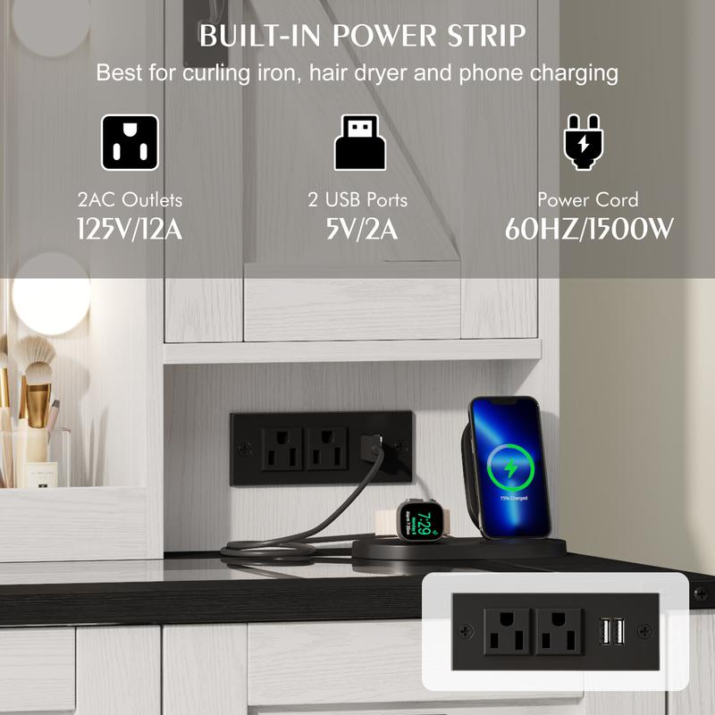 Aowos Farmhouse Vanity, Makeup Vanity Desk with HD Mirror and Light, with Drawers & Adjustable Cabinets, Glass Top Vanity with Charging Station, Modern Vanity Table with Shelves, Christmas Gift for Woman & Girls, Present for Yourself