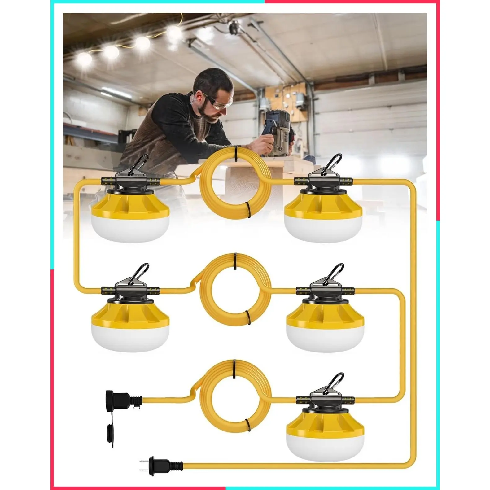 50FT Construction String Lights with 5 LED Work Lights and Climbing Hooks - IP65 Waterproof Linkable Industrial Temporary Lighting for Job Sites Attic Crawlspace Renovation