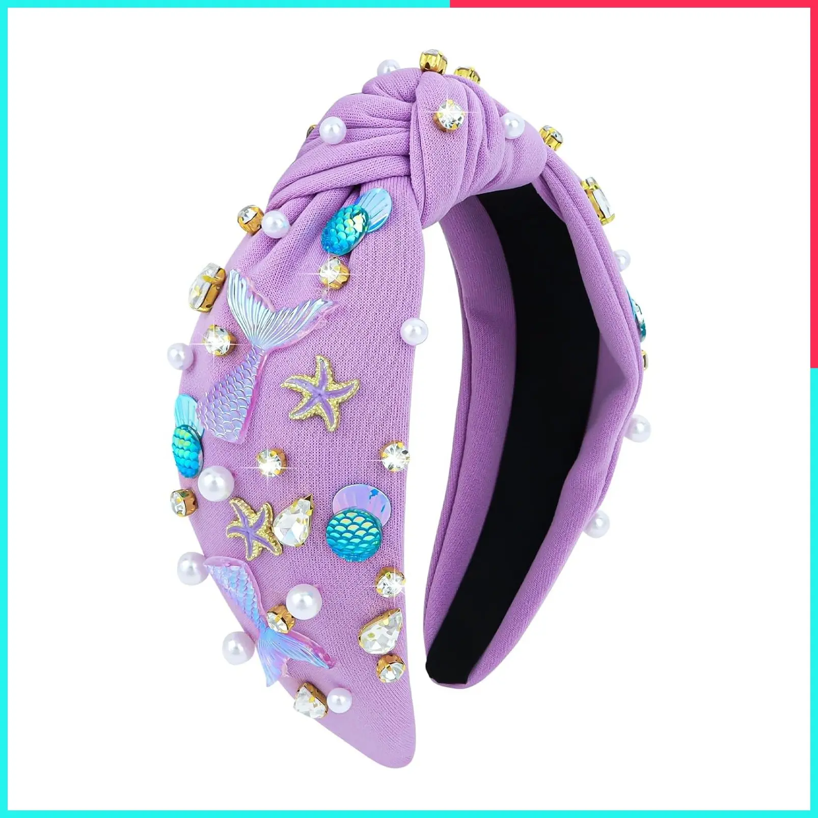 Mermaid Knotted Headband for Women and Girls, Purple Under the Sea Hair Accessories with Tail and Starfish, Fish Scales Seashell Wide Hairband, Birthday Party Gifts