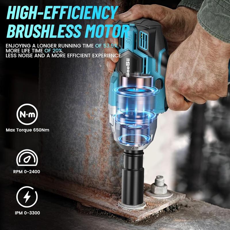 Seesii 3 in 1 Cordless Impact Wrench 1/2'',3300RPM,Brushless Impact Driver w/ 2x 4.0Ah Batteries,6 Sockets,Drills,6 Screws,Power Tool Heavy Duty, Black Friday Deals
