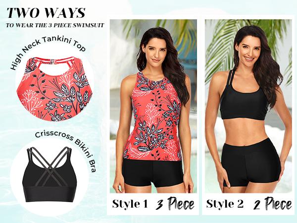 Tempt Me Three Piece Swimsuit for Women Tankini Bathing Suit Modest High Neck Tank Tops Swimwear with Shorts