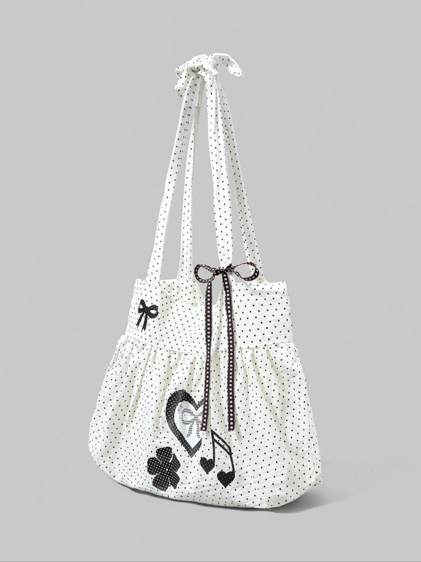 Sweet Cute Bow Vintage Heart Ladies Shoulder Bag, Simple Polka Dot Summer Floral Note Large Capacity Tote, Fits Laptop, Ideal for Daily Commute