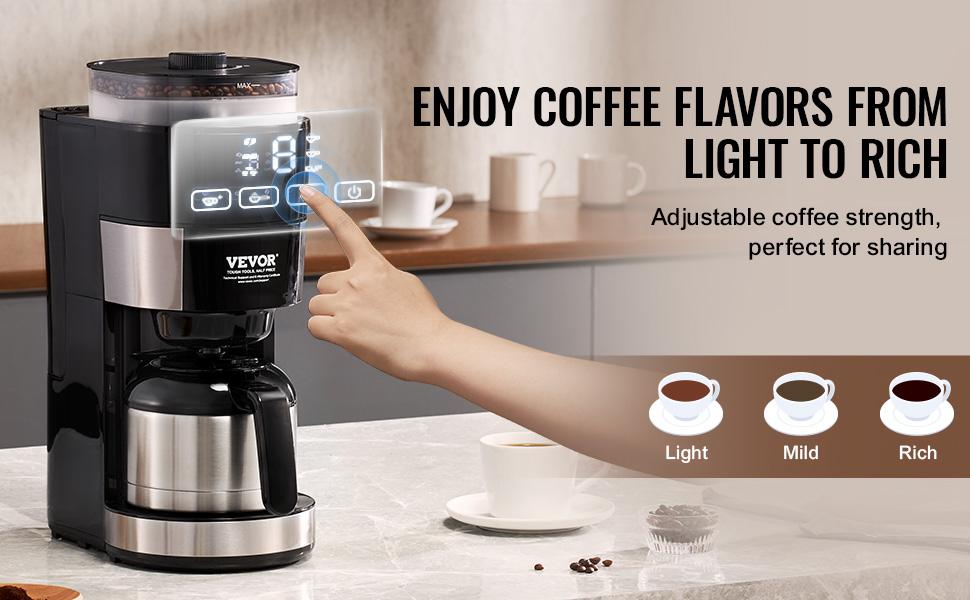 VEVOR Coffee Maker with Grinder, 8 Cup Programmable Coffee Machine, Grind and Brew Coffee Maker with 24-Hour Timer for Auto Brew, Reusable Filter, for Home Office Restaurant