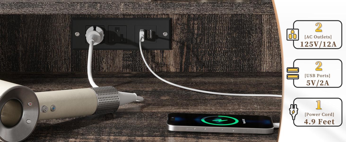 Vanity Desk with Mirror and Lights Farmhouse Makeup Vanity Desk with 10 Led Bulbs & Charging Station Vanity Table with 2 Drawers & Shelves 3 Color Modes Adjustable Brightness farmhouse  storage dressing  table