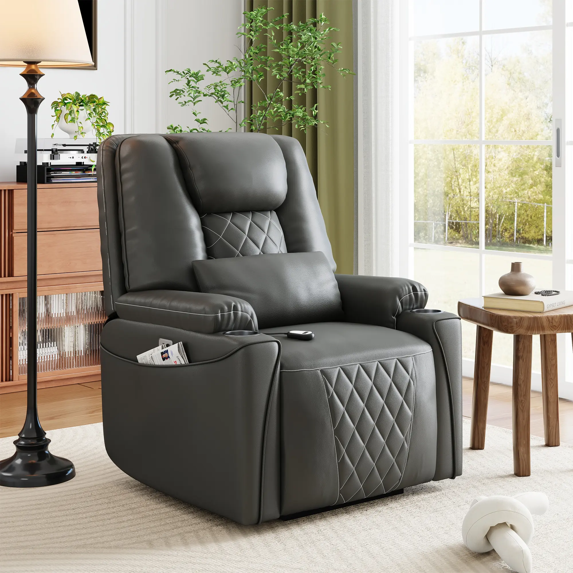 Recliner Chair Sofa, PU Leather Reclining with Charging Ports, Cup Holders, Electric Stand Assist for Elderly, Home Theater Seating