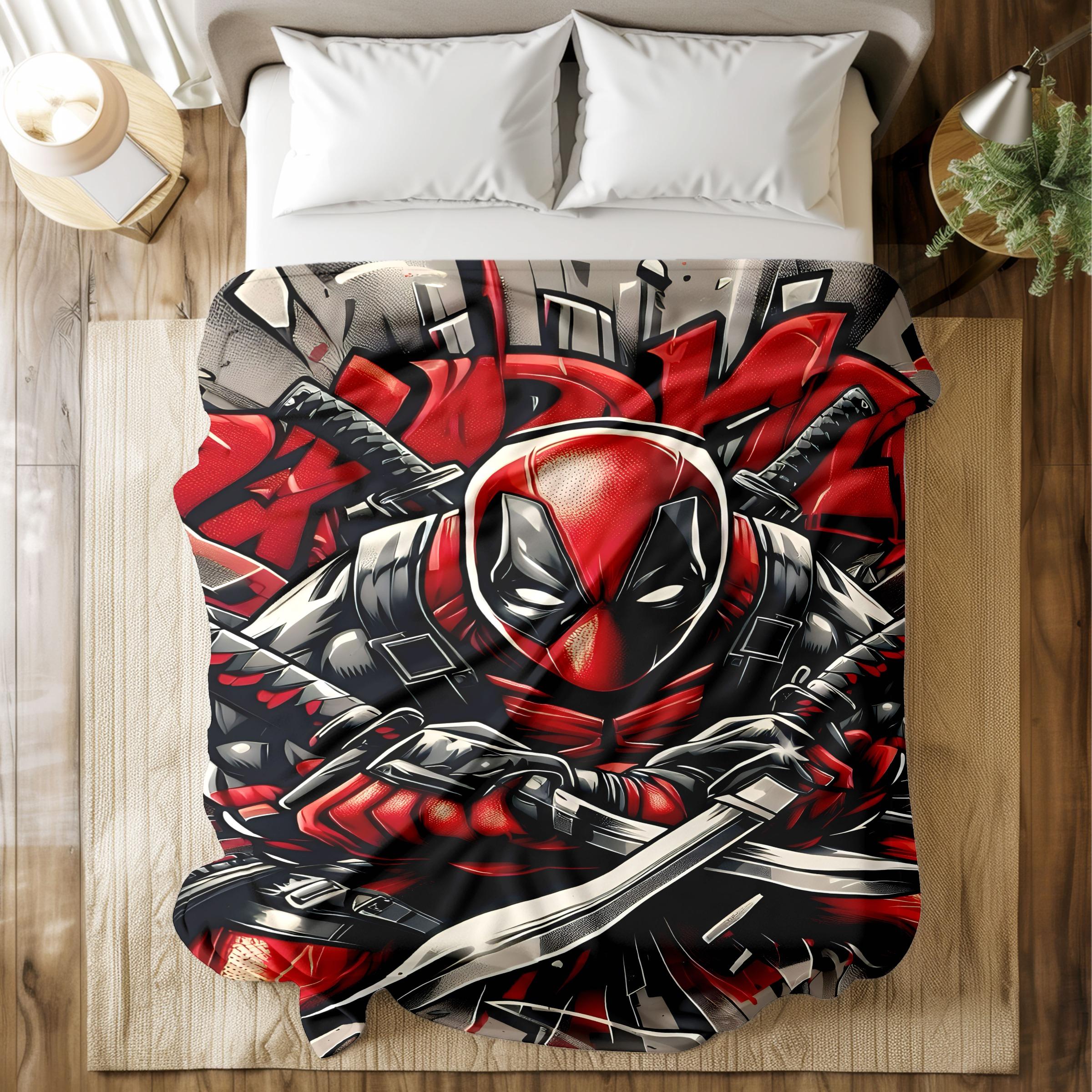 Deadpool Graffiti - Style Flannel Blanket - Skin - friendly Water Wash, High - grade Plush, Vivid Comic Print, Double Warmth, Multi - Scenario Use (Bed/Sofa/Lounging), Ideal Gift for Marvel & Superhero Fans