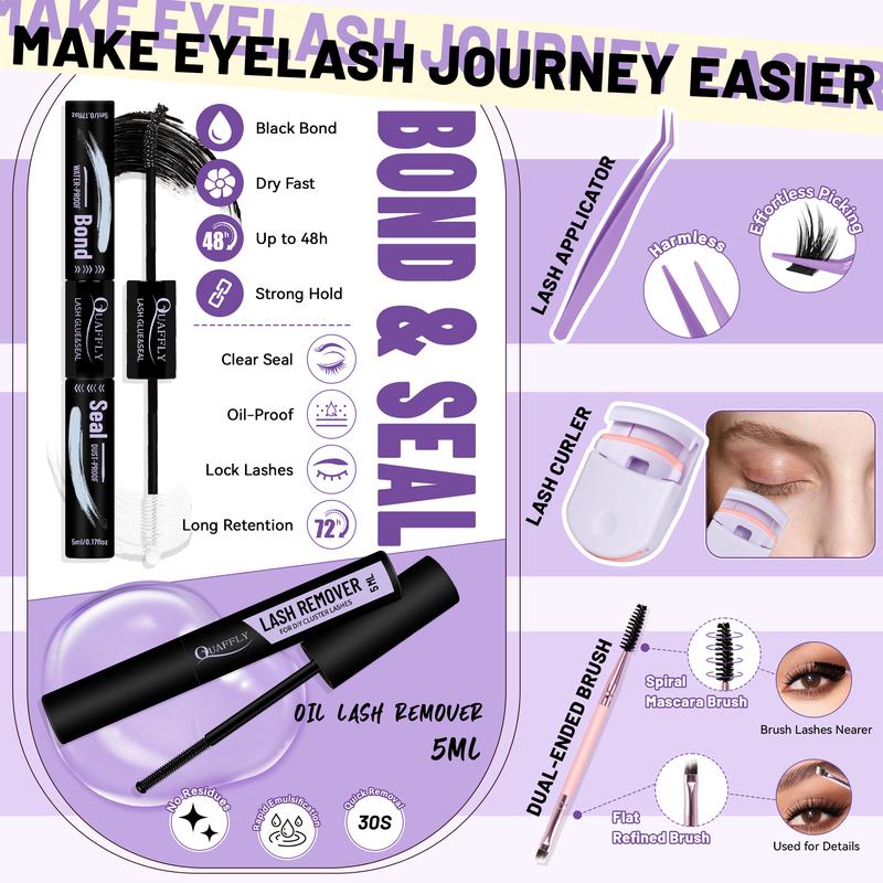 QUAFFLY DIY Lash Extension Kit Natural Bottom Lashes 980Pcs DIY Eyelash Extensions Individual Eyelash Extension Kit with Lash Bond&Seal Remover Tweezer Dual-Ended Brush Lash Curler Easy to Use for Beginners