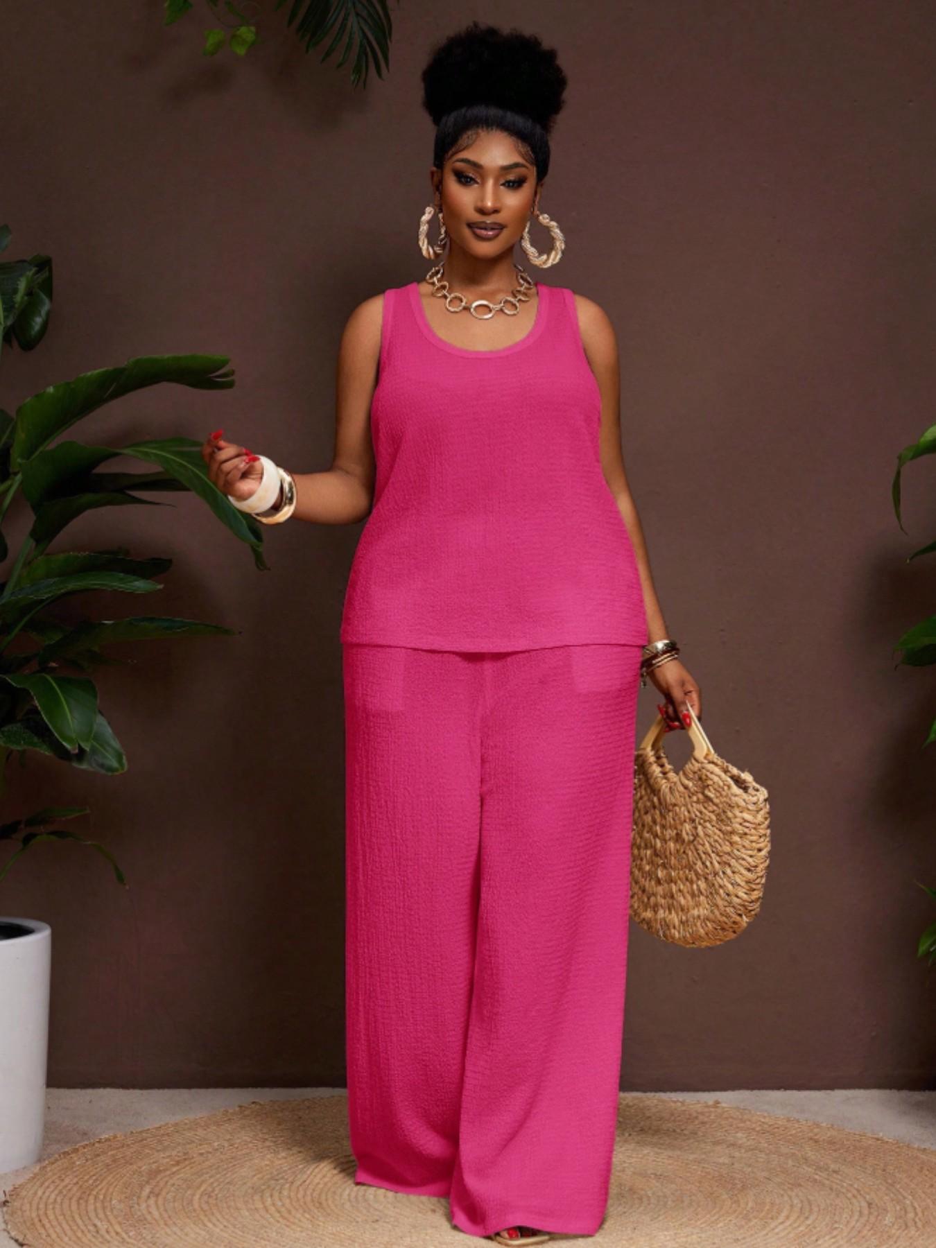 Plus Size Women's Comfortable U-Neck Sleeveless Solid Top with Pockets, Loose Fit Textured Tank, Wide Leg Pants, Business Casual Chic Womenswear Set
