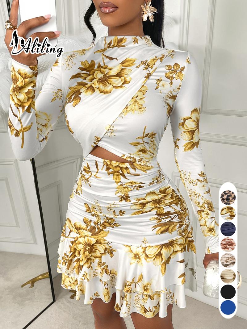 Aliling Women's Elegant Floral Print Dress with Stand Collar, Long-Sleeve Hollow-Out Design and Ruffled Hem, Fall Fashion Mini Dress for Parties