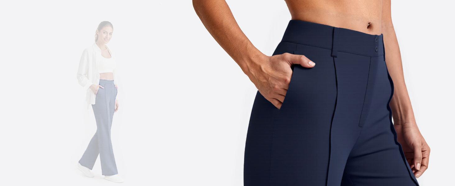 JEKAOYI Straight Leg Dress Pants for Women Ponte Yoga Pants with Pockets Lightweight Stretch Casual Lounge Pants Loose High-Rise Waist Full-Length Design Side Pockets 80% Polyester 20% Spandex - Bottom SpringStatements Trouser Womenswear
