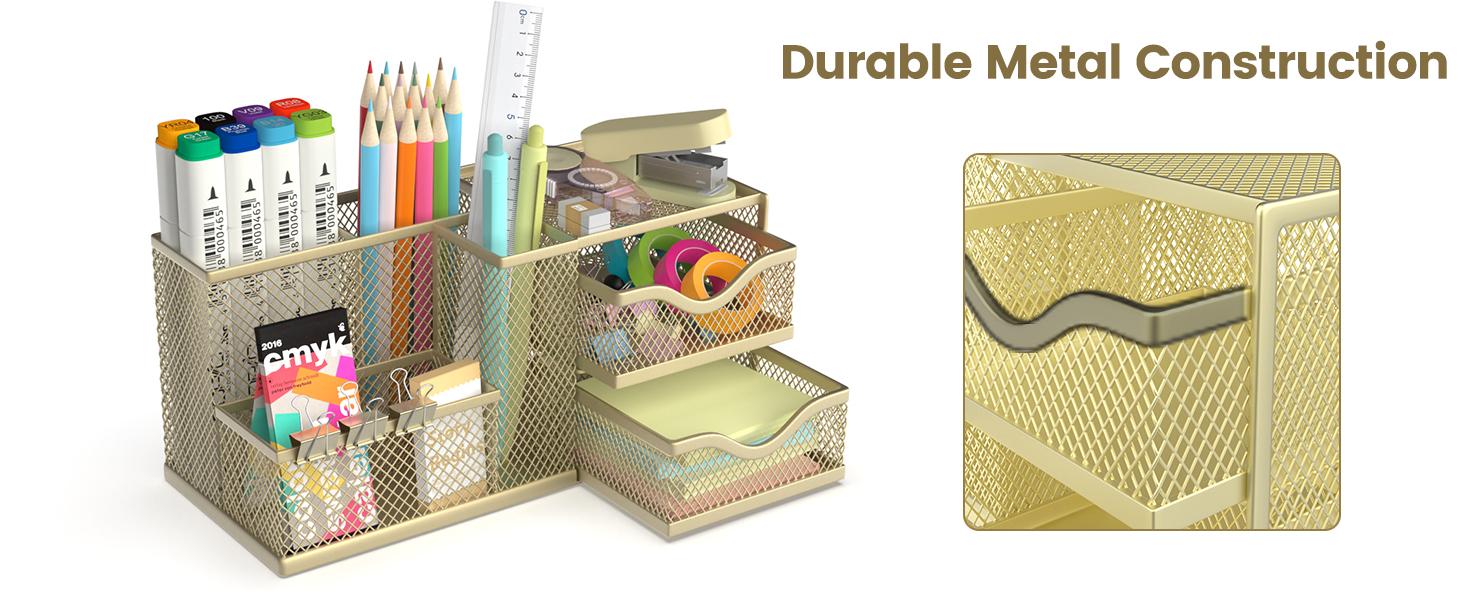 Mesh Desk Organizer, Pen Organizer with 2 Drawers and 5 Compartments, Versatile Pen Holder for Small Space, Desk Organizers and Accessories for School Office Supplies, Gold Mesh Desk Organizer, Pen Organizer with 2 Drawers and 5 Compartments, Versatile Pen Holder for Small Space, Desk Organizers and Accessories for School Office Supplies, Gold