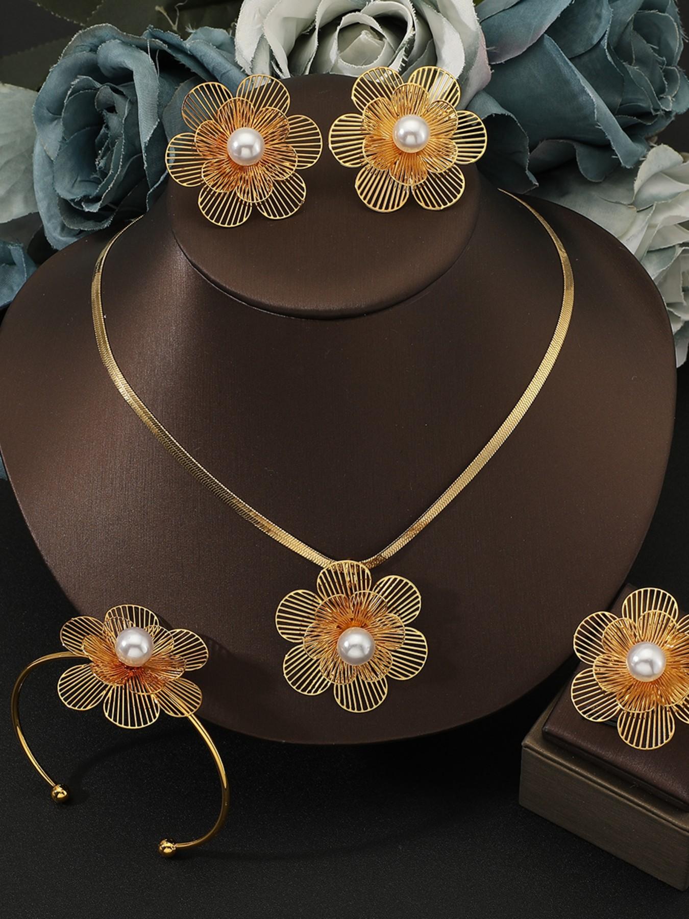5 Piece Hollow Flower Pearl Stainless Steel Jewelry Set, Women's Wedding Party Luxury Gift, Casual All Seasons Accessories