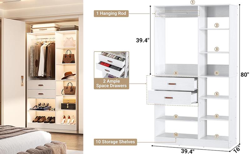80'' Height Freestanding Wood Closet System, DIY Reversible Stand-alone Wardrobe Walk-in Closet Garment Organizer with Hanging Rod and Drawers, White