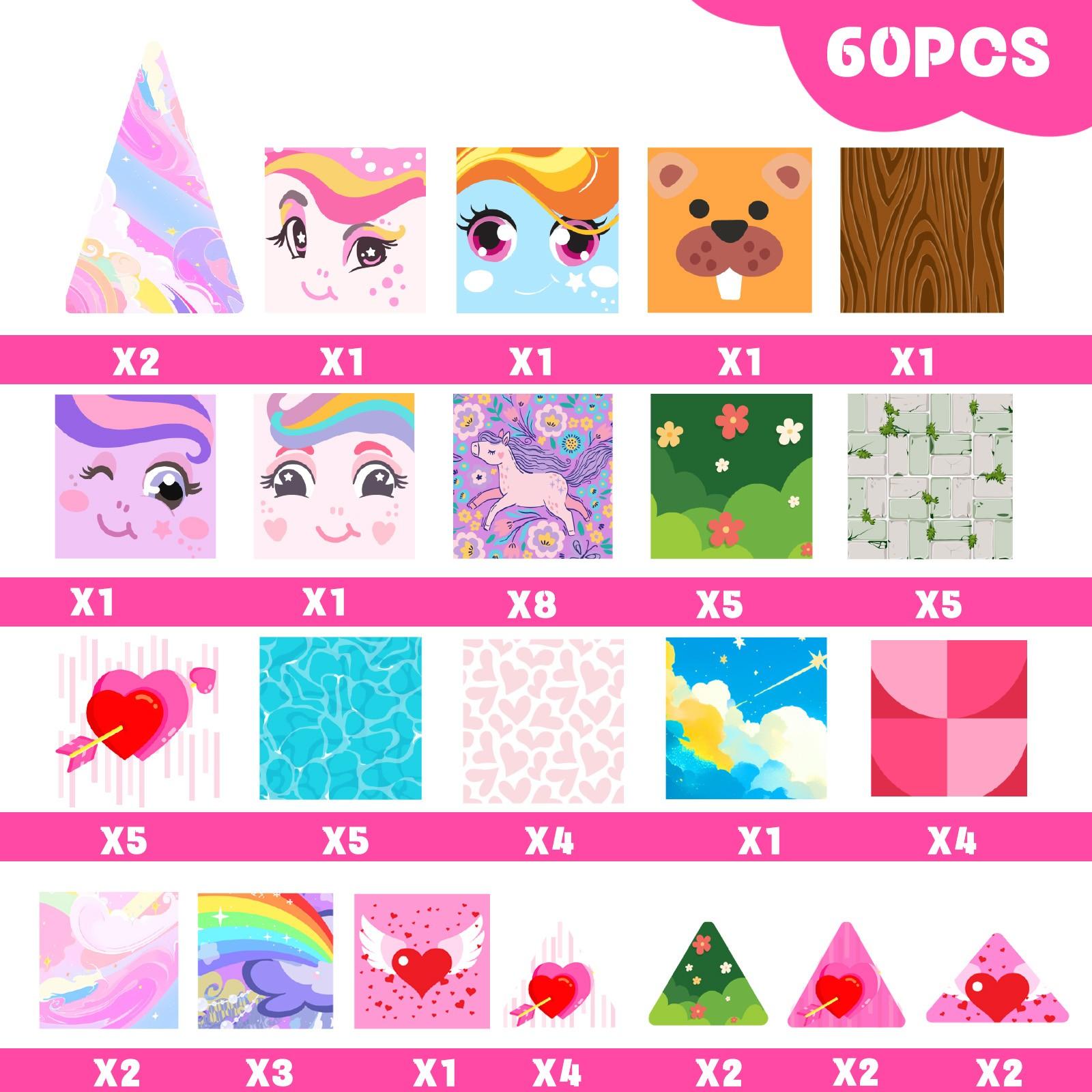 【New Sticker Set】60PCS,1.48inch Creative Sticker Magnetic Tiles,My Little Pony，Magnet Building Blocks Cubes Construction Stacking Educational Assembly Toy Preschool STEM Play Creative Playboard for Toddler Kids Ages 3+,Kids Toys best gift