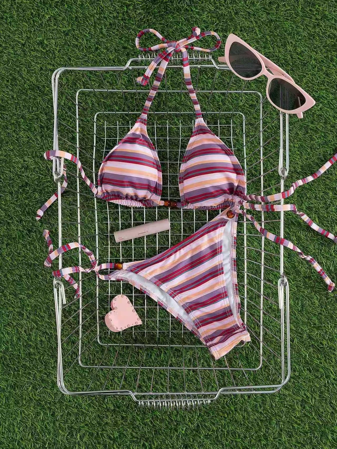 Women's Two-Piece Swimsuit Set, Sexy Triangle Bikini with Striped Design, Comfortable Beachwear for Vacation and Pool Parties, Halter Bikini, Swim Top Set