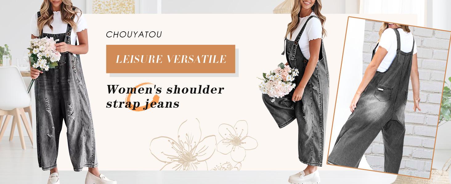 Chouyatou Women Loose Adjustable Strap Denim Bib Overall Jeans Distressed Wide Leg Baggy Overalls Jumpsuit SpringStatements