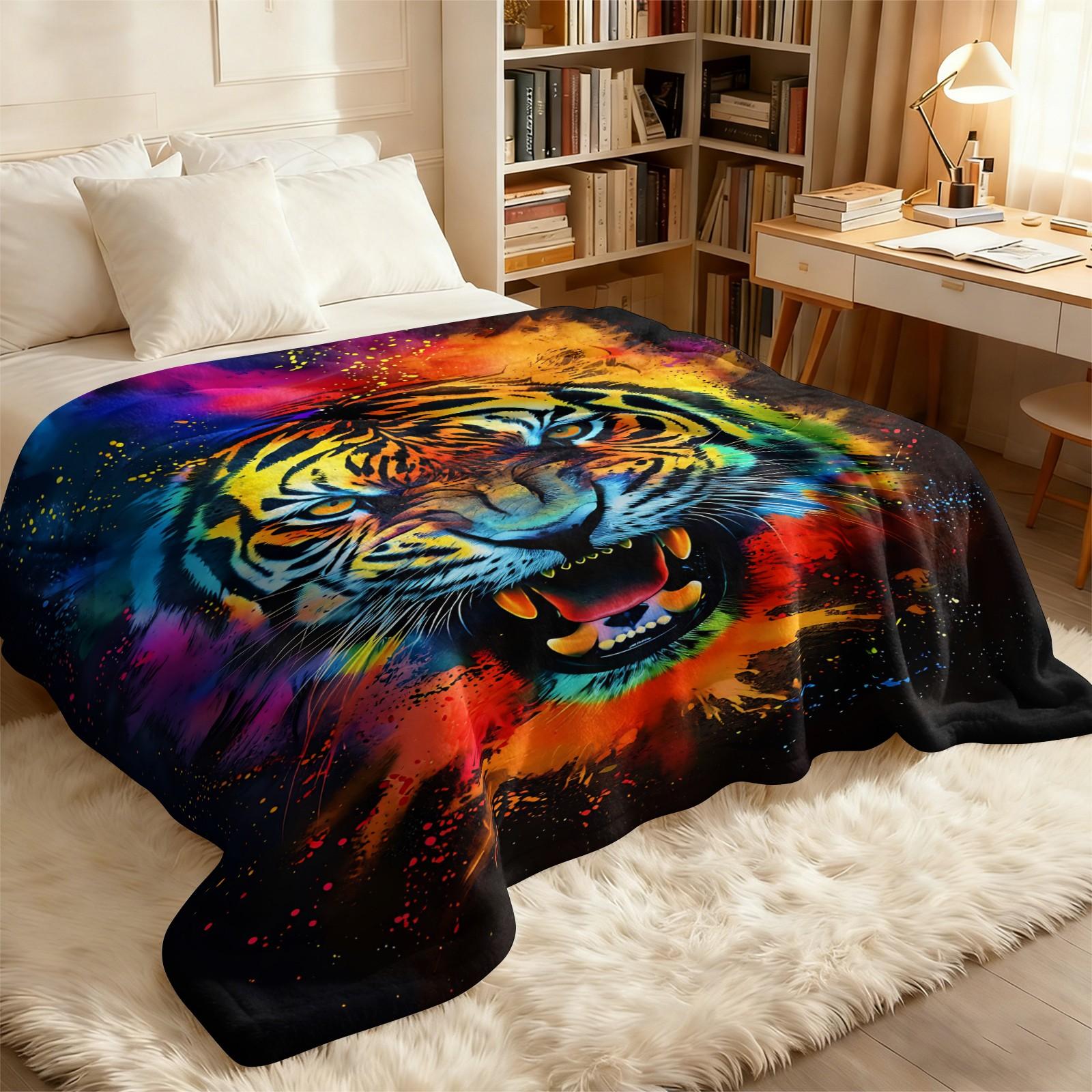 Vibrant Tie-Dye Tiger Print Flannel Throw Blanket, Soft Warm Cozy Fleece Blanket for Couch Bed Sofa, Bold Colorful Tiger Decorative Blanket, All Season Plush Blanket, Perfect Gift Blanket for Home, Travel, Nap, All Ages