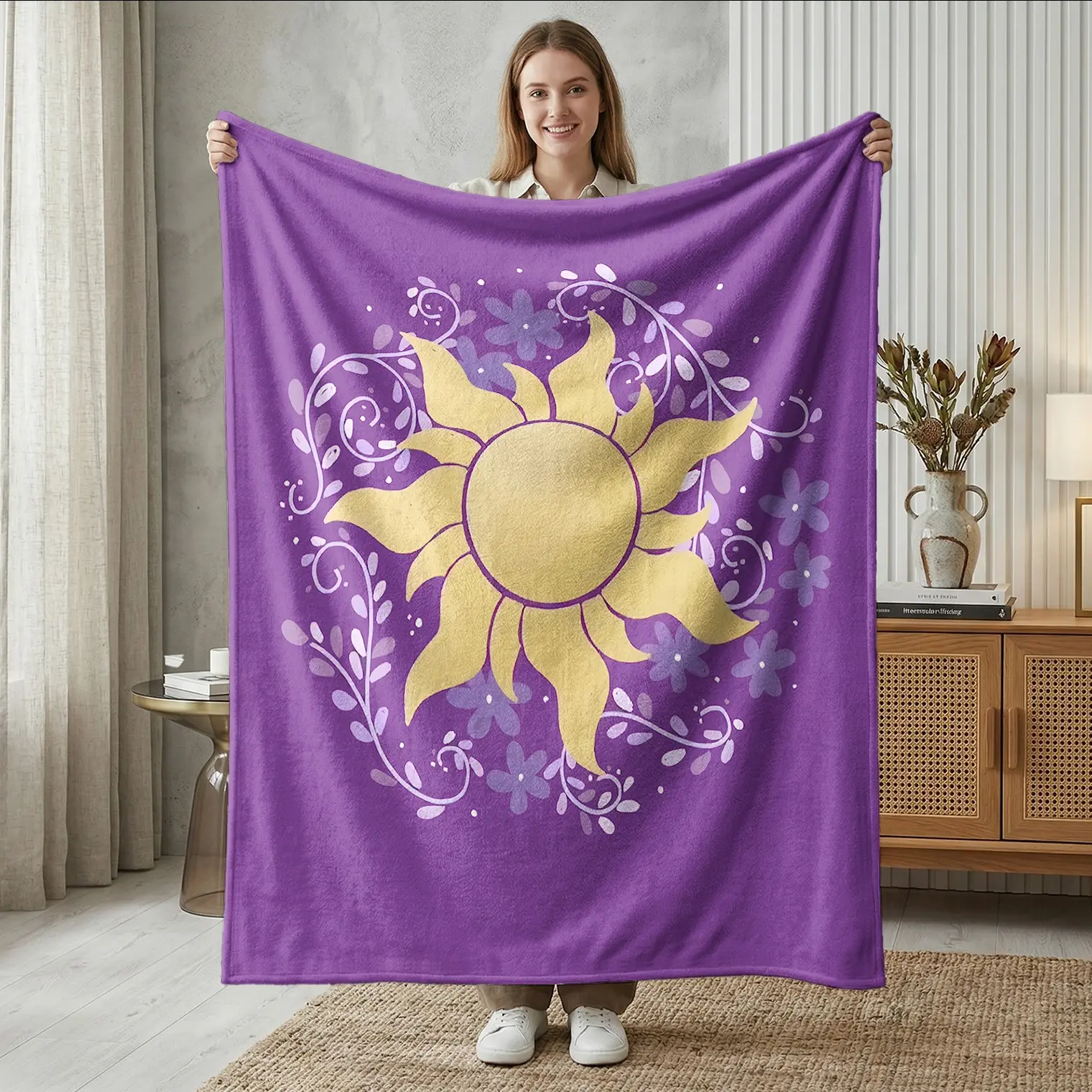 Bohemian Sunflower Flannel Blanket, Deep with Gold Sun Design, Soft and Warm, Ideal for Bedroom, Meditation, Sofa, Gift