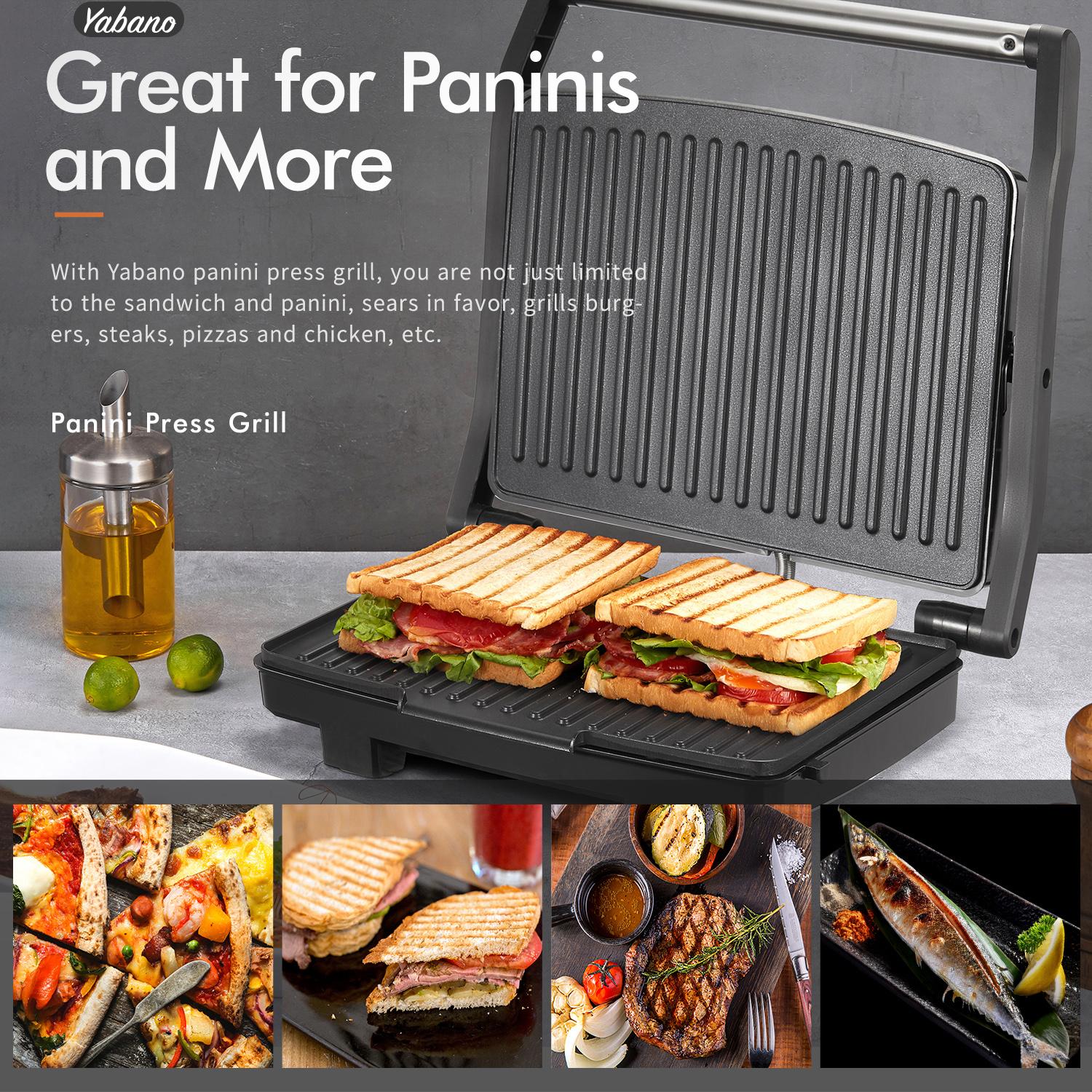 Yabano Panini Press Grill, Gourmet Sandwich Maker, Electric Indoor Grill with Non-Stick Cooking Plate and Removable Drip Tray, Easy to Clean, Stainless Steel shaq branded panini press